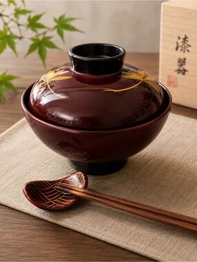 Vintage Lacquered Deep Burgundy Japanese Soup Bowl with Lid and Chopstick Rest